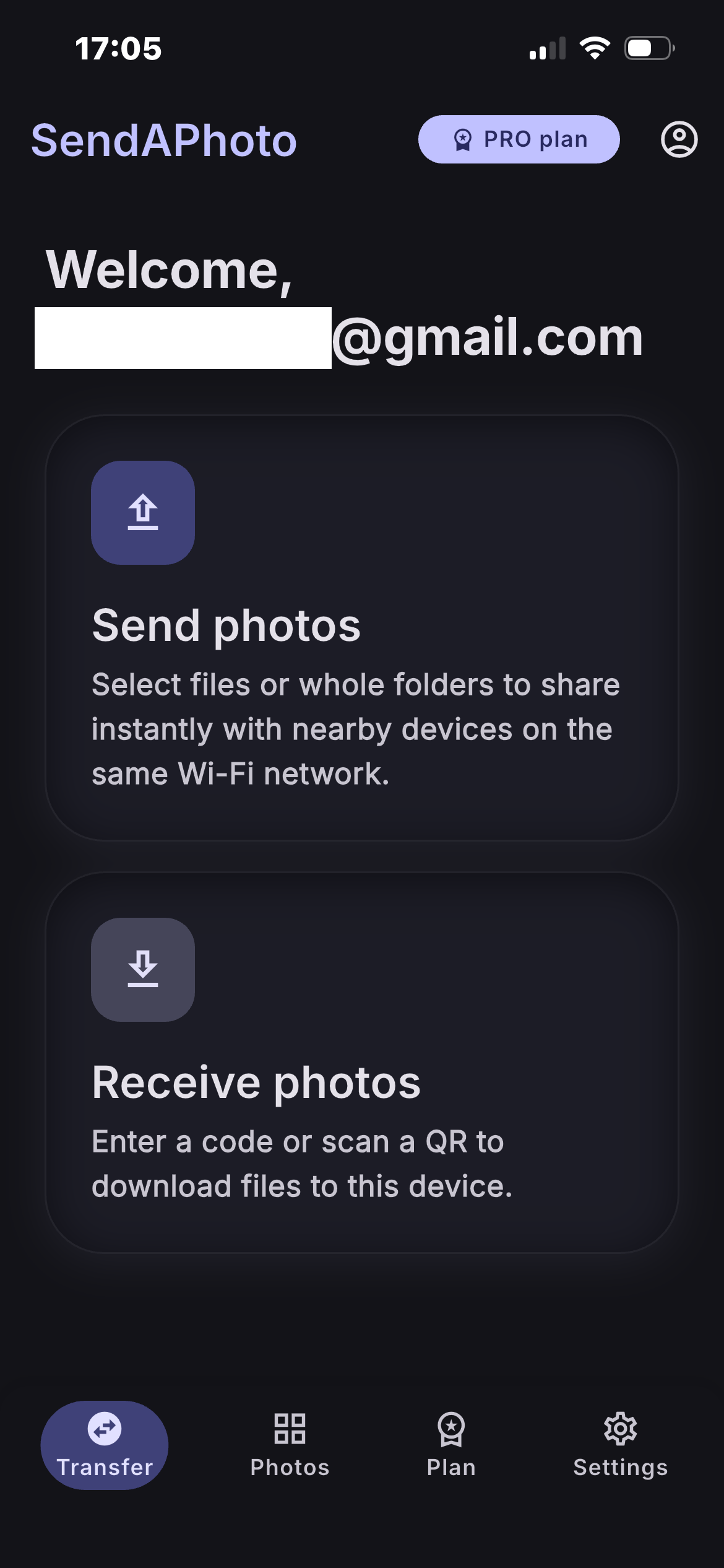 Pantalla de inicio de SendAPhoto con los botones Enviar fotos y Recibir fotos